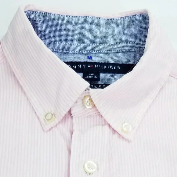 Tommy Hilfiger Classic Fit Small Button Down Embroidered Pocket Logo Pink White - Picture 1 of 8